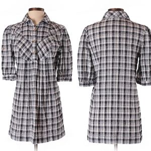 Max Studio 3/4 Sleeve Gray Plaid Button Tunic